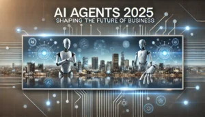 A sleek and futuristic horizontal banner for a tech article about AI agents in 2025. The banner features a modern, digital theme with a professional d